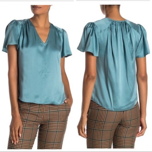 Rebecca Taylor Short-Sleeve Silk Charmeuse V-Neck Top, Size 6 - Picture 3 of 16